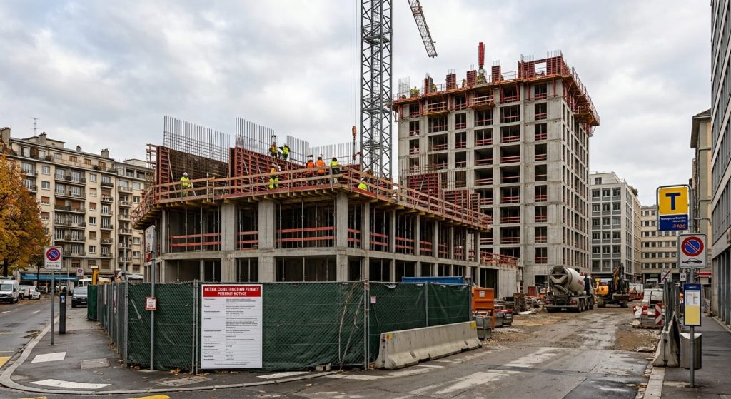 (LaNotizia.ch) - Rappresentazione di un cantiere per la costruzione di alloggi in area urbana